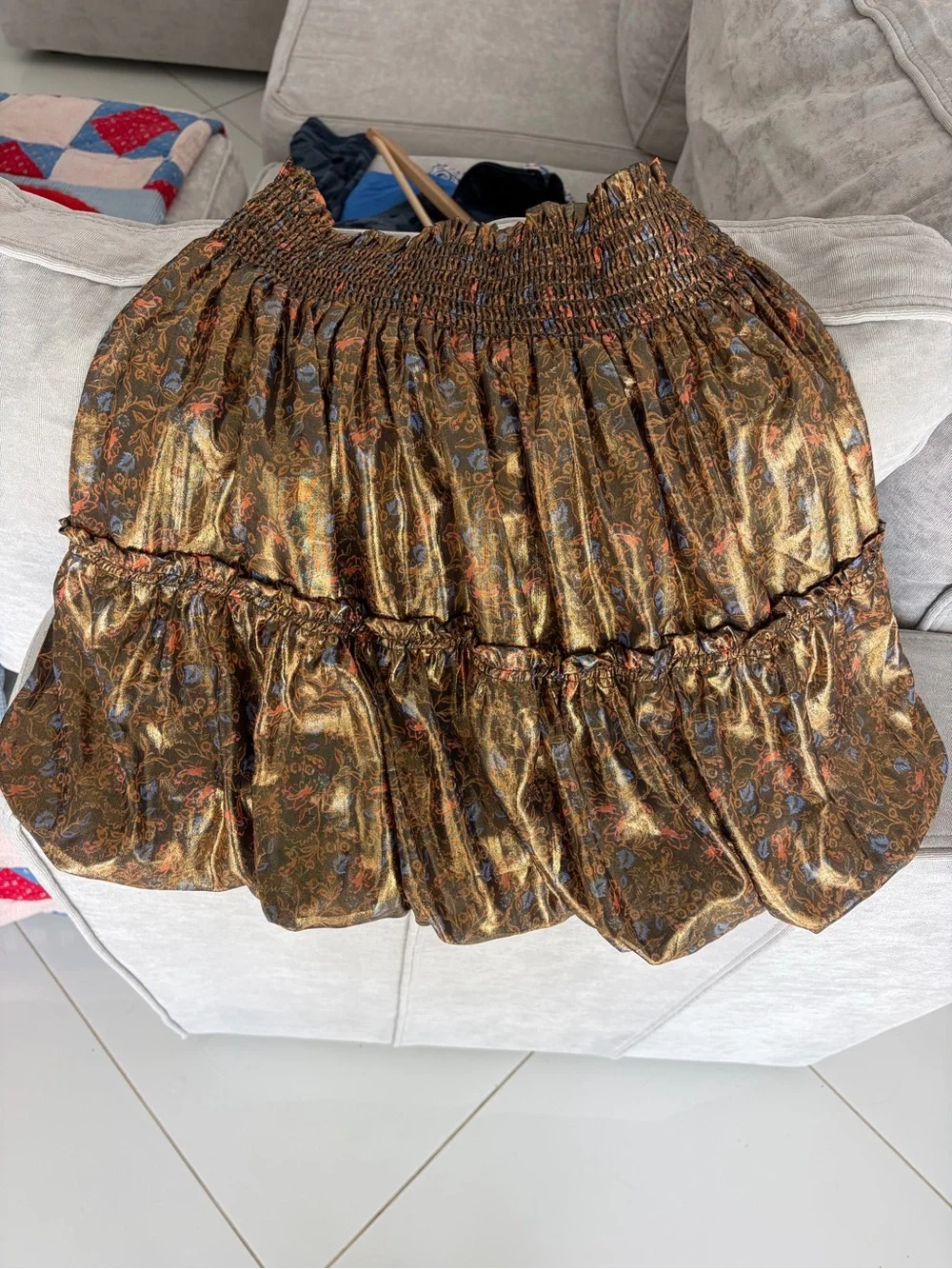 Free People Metallic Bronze Tiered Mini Skirt with Paisley Accents - no tags